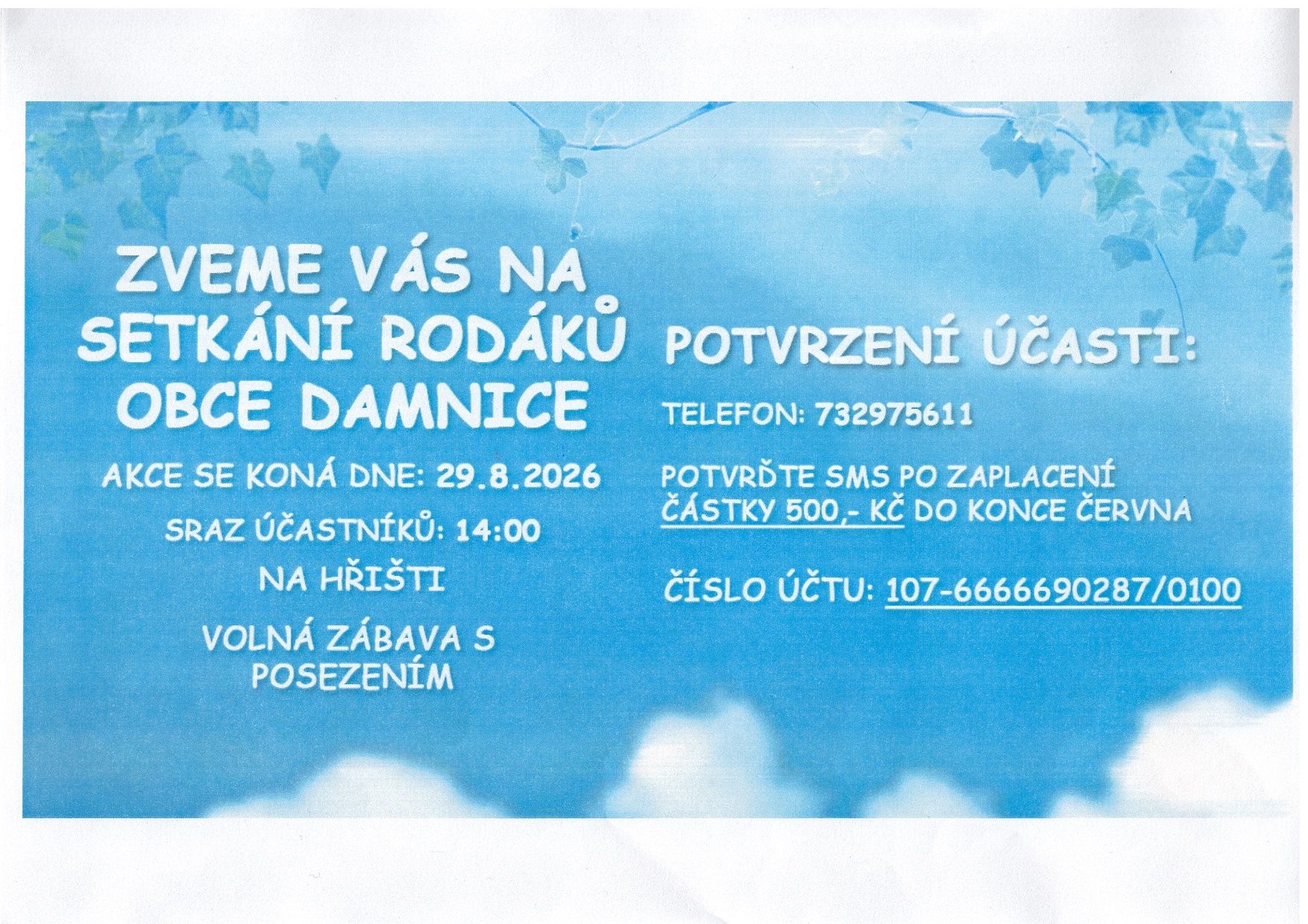 Setkání rodáků Obce Damnice 29.8.2026